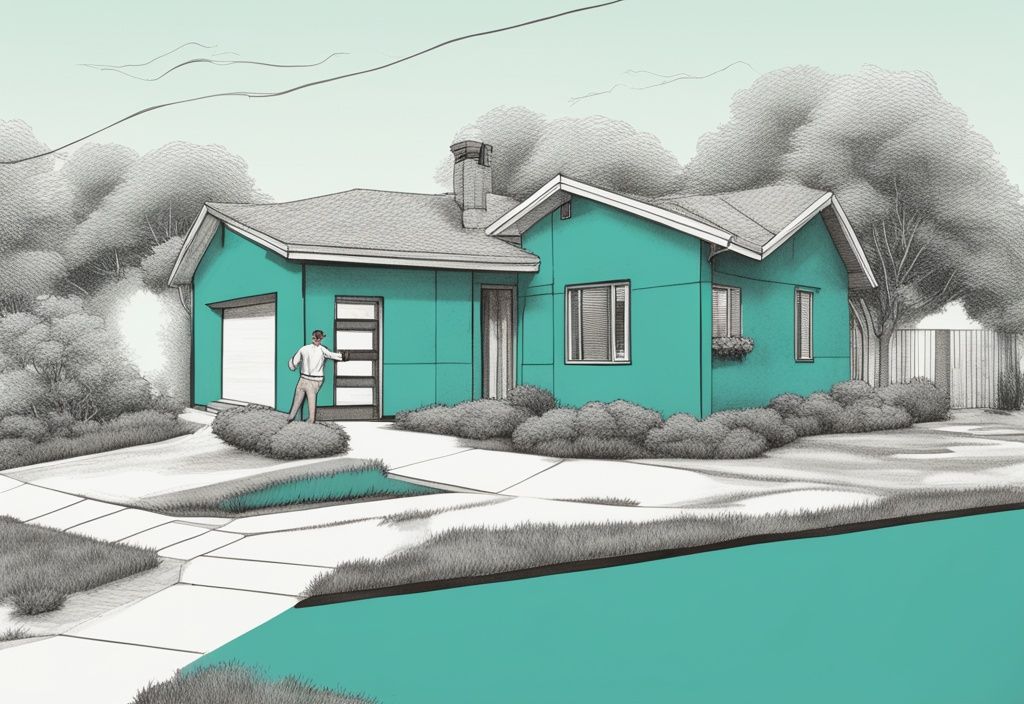 Modern photorealistic illustration of a teal-themed real estate sketch featuring a small house on bordered land with a real estate agent pointing.