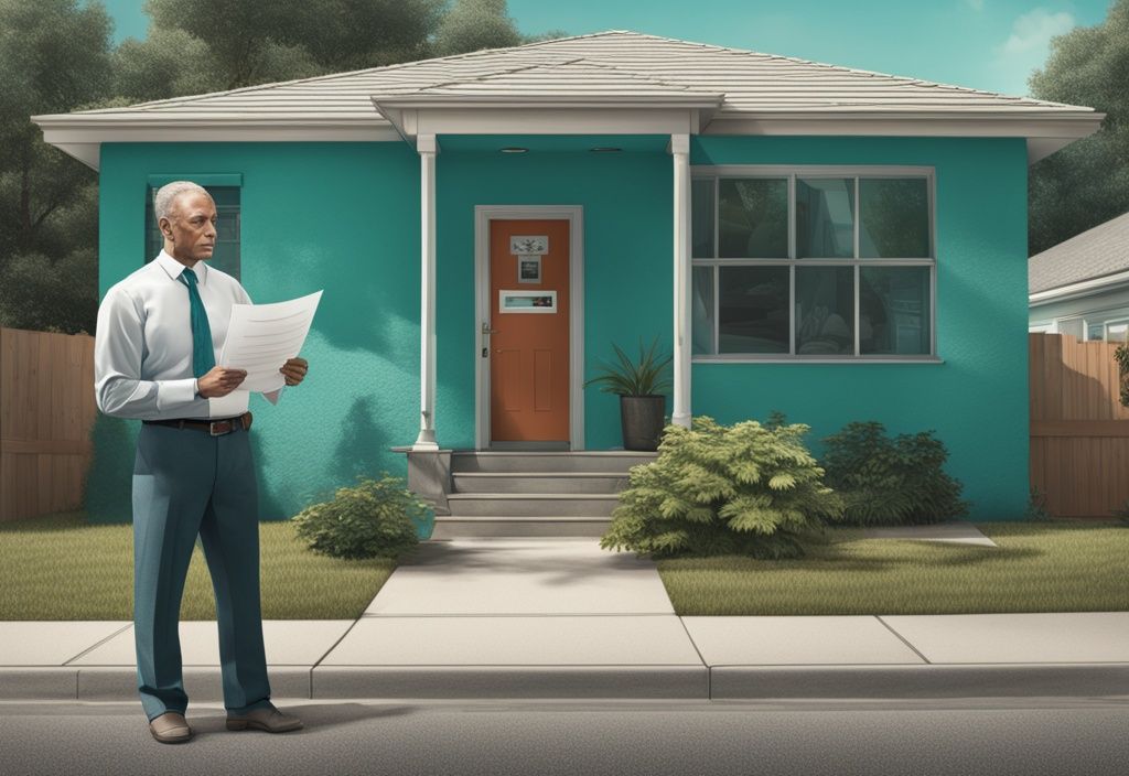 Modern photorealistic illustration of an unoccupied house with a "Lis Pendens" sign, featuring a distressed seller discussing with a lawyer about a pending lawsuit, illustrating what is lis pendens in real estate.