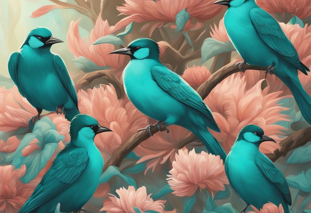 Photorealistic illustration of colorful birds puffing feathers on a teal-themed spring morning.