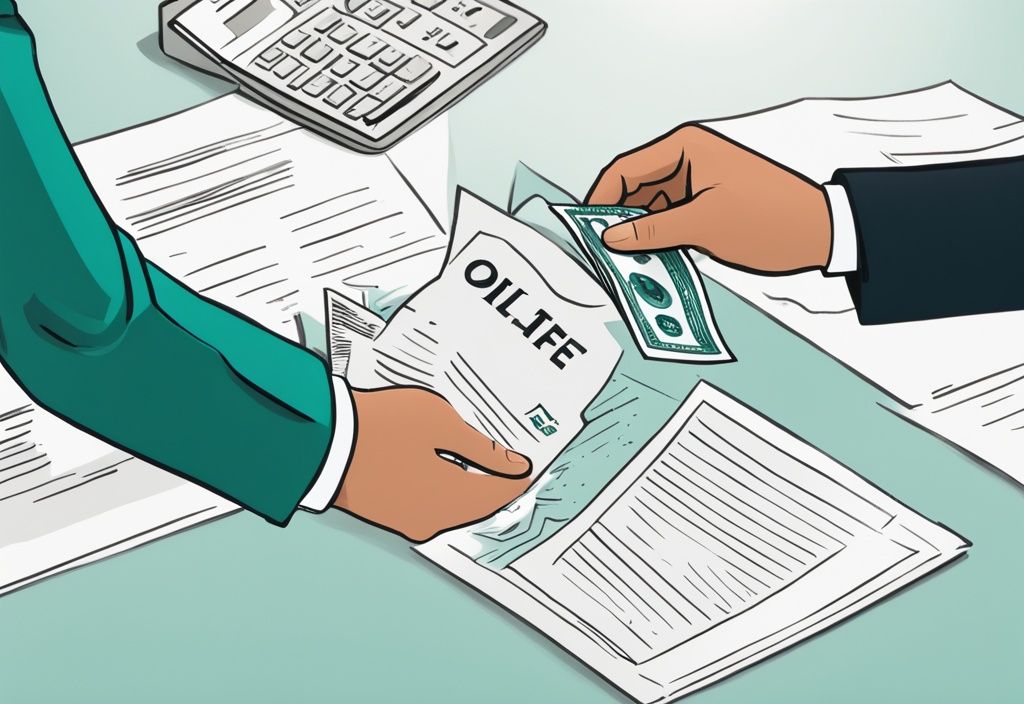 Modern photorealistic illustration showing hands exchanging money over a real estate contract, highlighting the "option fee" section; a visual explanation of what is an option fee in real estate, with a teal color theme.