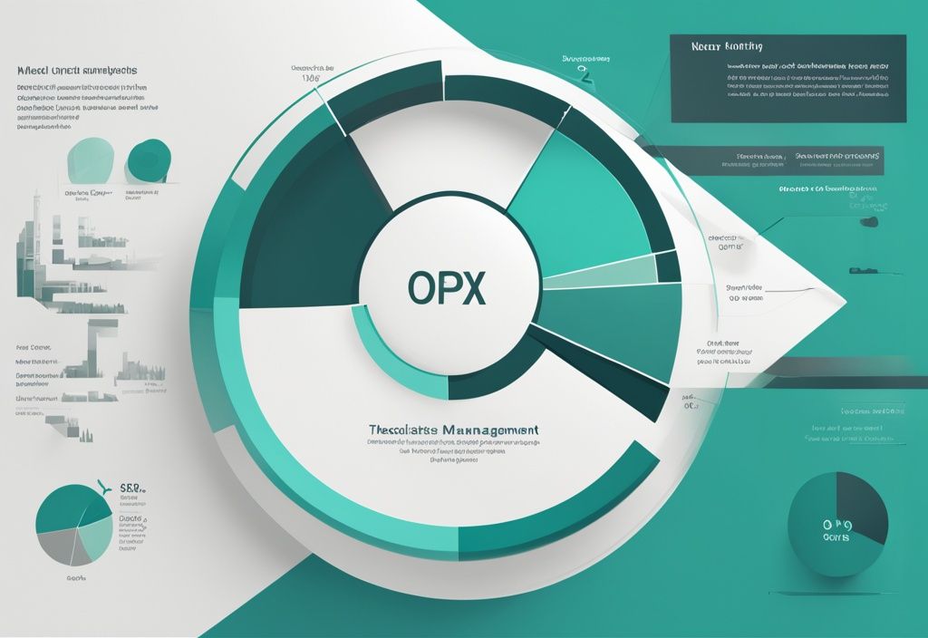 A modern photorealistic illustration showing a teal-themed pie chart detailing what is OPEX in real estate, highlighting maintenance, utilities, and property management, set in a sleek real estate office backdrop.