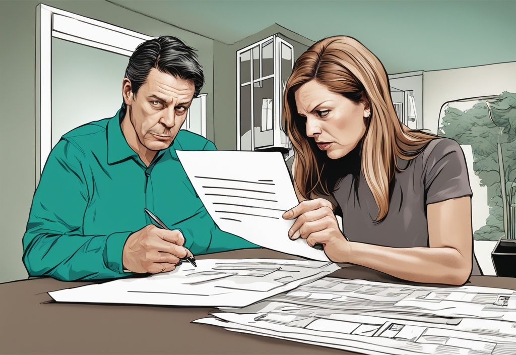 Frustrated homeowner pointing out discrepancies on a document to a dubious real estate agent, teal-themed photorealistic illustration.