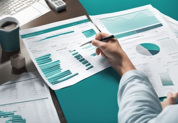 Photorealistic illustration of a person analyzing a T12 financial document, highlighting what is T12 in real estate, with teal-themed real estate properties and graphs in the background.