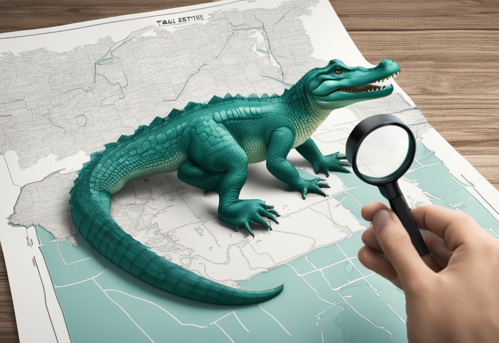 Photorealistic teal-themed illustration of an animated alligator with a magnifying glass examining a detailed property map, symbolizing the Gator method in real estate.