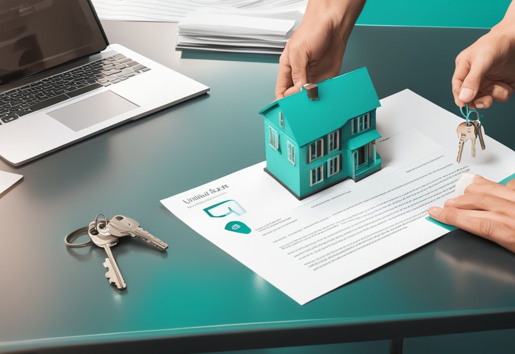 A photorealistic illustration depicting a person handing over a house key with a 'Unilateral Real Estate Contract' document on the table, illustrating the concept of what is a unilateral contract in real estate, with a modern teal color theme.