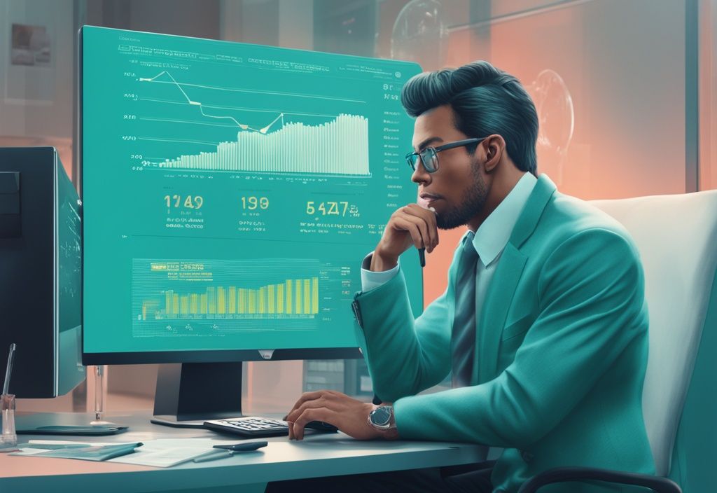 Teal-themed photorealistic illustration of a business professional analyzing gross commission income percentages on a computer screen.