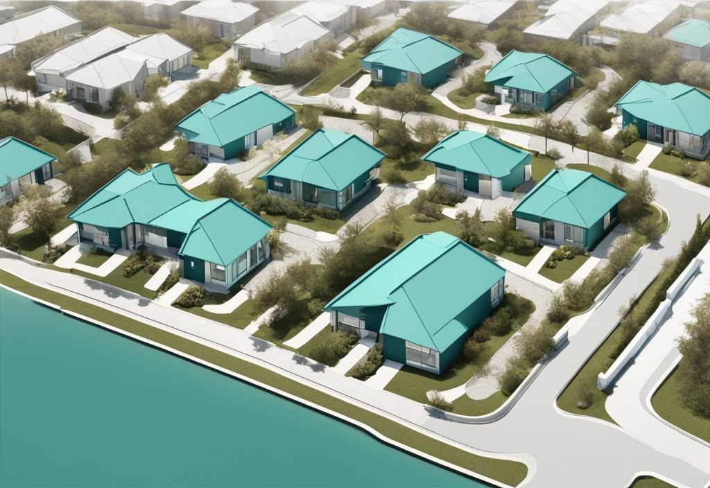 Modern photorealistic teal map illustration of residential area with highlighted property boundary and buffer zone in real estate.