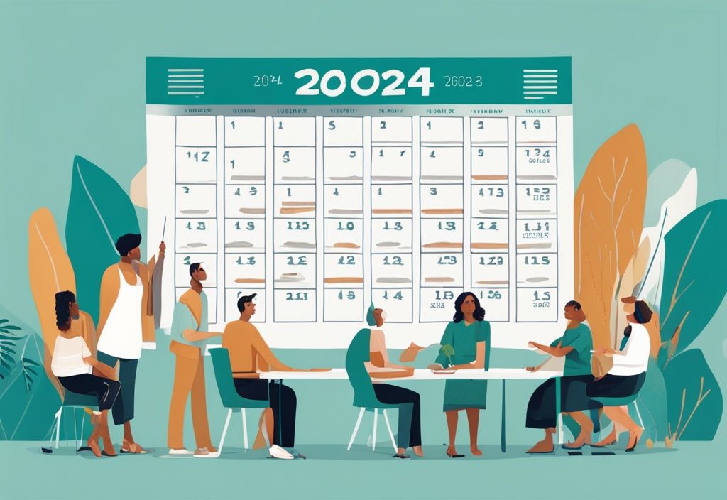 Illustration of a diverse group examining a 2024 calendar with new real estate laws 2024 highlighted, featuring a modern photorealistic teal theme.