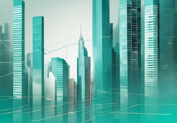 Modern photorealistic illustration of a dynamic graph showing the fluctuations in real estate sales volume over time, featuring skyscrapers and homes in a teal-themed background, answering the question: what is sales volume in real estate.