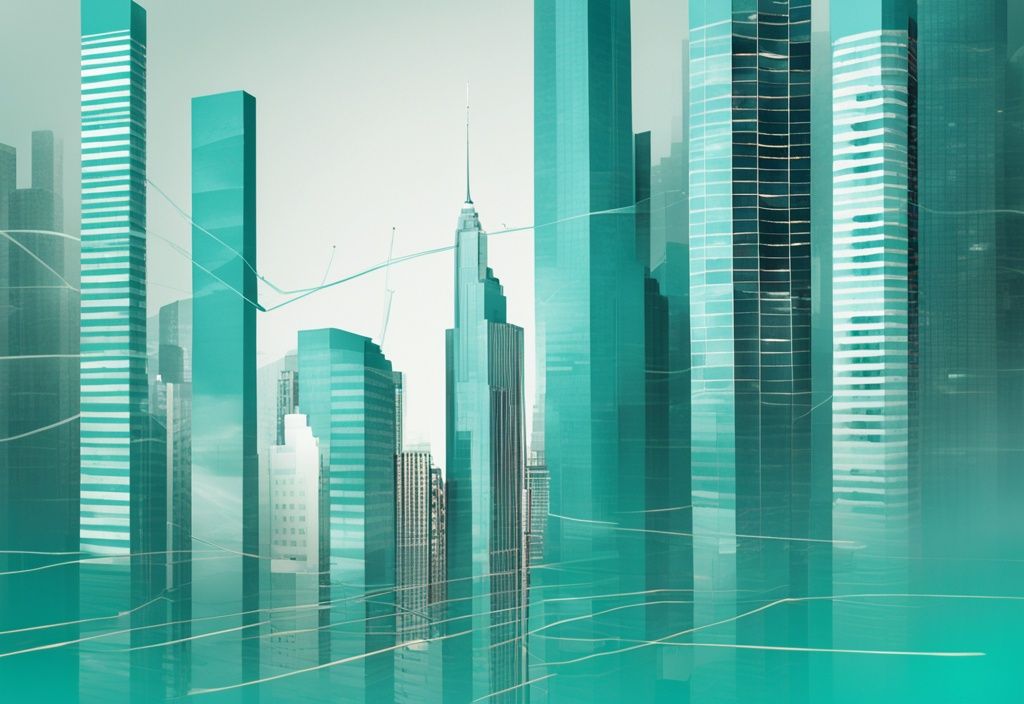 Modern photorealistic illustration of a dynamic graph showing the fluctuations in real estate sales volume over time, featuring skyscrapers and homes in a teal-themed background, answering the question: what is sales volume in real estate.