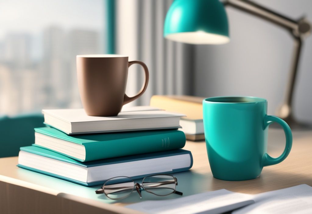 Photorealistic illustration of a teal-themed desk with a stack of ten beginner real estate books, a coffee cup, and glasses.