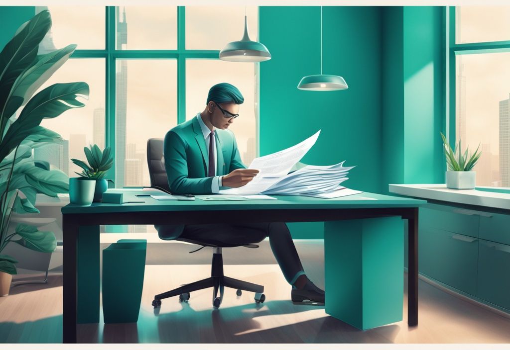 Photorealistic teal-themed real estate office scene with agent examining Offering Memorandum document.