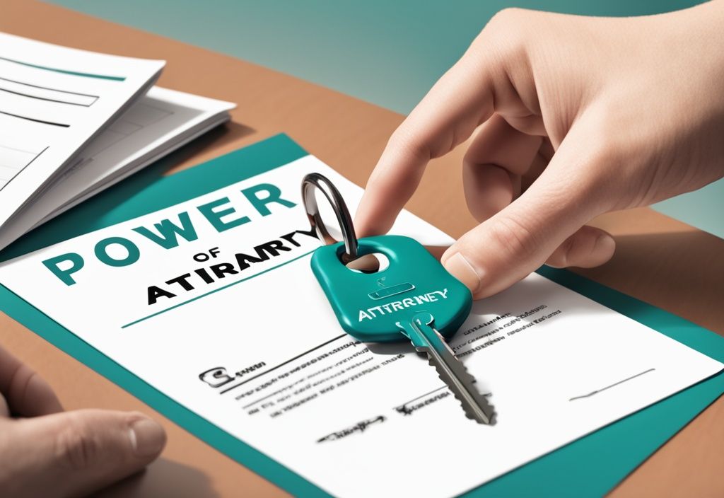 Modern photorealistic image of a teal-themed scene where one person hands a house key to another, with a 'Power of Attorney' document on the table.