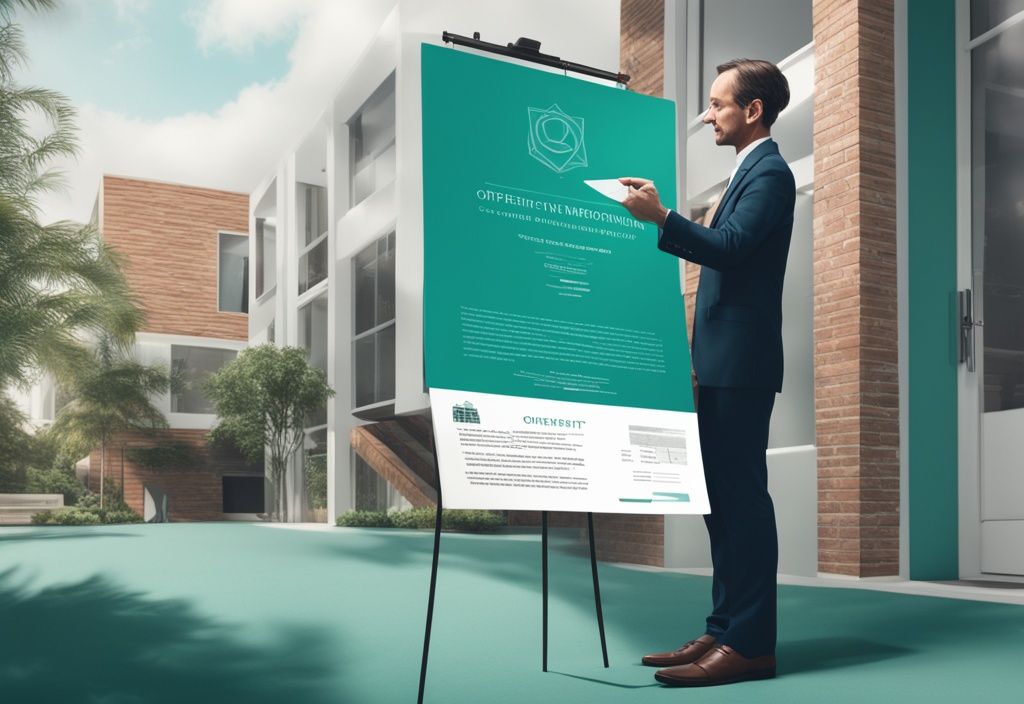 Real estate agent presenting an Offering Memorandum (OM) document to investors with commercial properties in the background, illustrating what is OM in real estate.