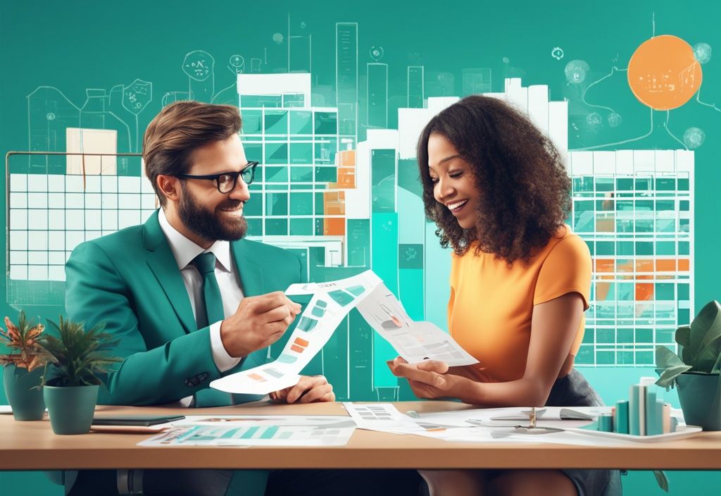 A modern photorealistic illustration of a real estate agent explaining what is creative financing in real estate to a curious couple, featuring teal-themed colorful charts and icons.