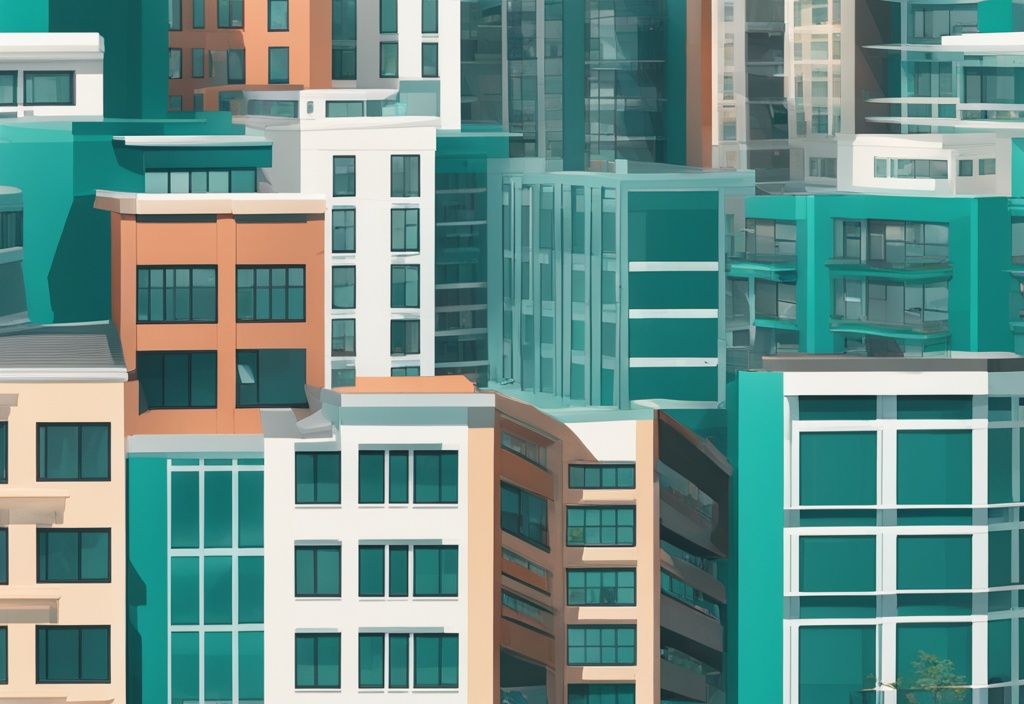 Modern photorealistic illustration of a cityscape in teal, featuring diverse middle market real estate properties like apartments, small office buildings, and retail shops.