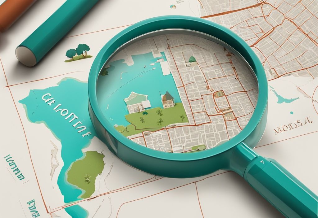 Photorealistic illustration of an animated alligator with magnifying glass examining a detailed property map, symbolizing the Gator method in real estate, teal color theme.