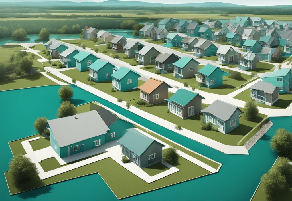 Photorealistic illustration of a teal-themed rural to urban transition, showcasing land annexation into residential real estate development.