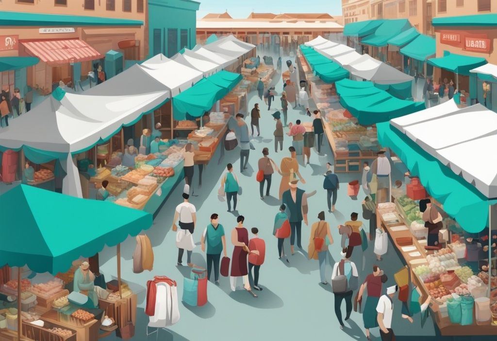 A modern photorealistic illustration of a teal-themed bustling marketplace, showcasing various vendors with unique trade fixtures, highlighting the concept of trade fixture in real estate.