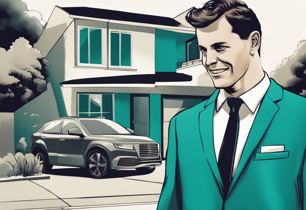 A modern photorealistic illustration featuring a sub agent in real estate handing keys to a satisfied home buyer in front of a teal-themed house.