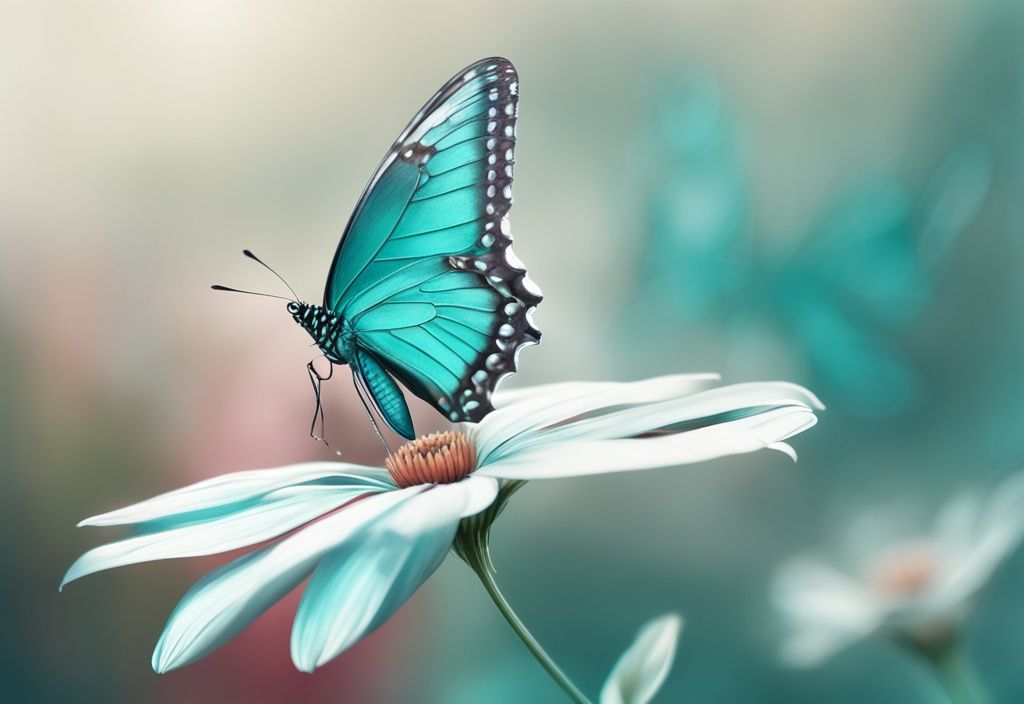 Photorealistic illustration of a teal-themed butterfly on a flower in the breeze