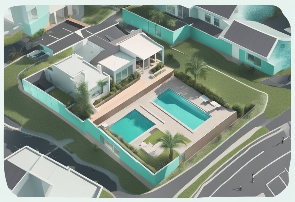 Modern photorealistic illustration of a property with teal theme, showcasing clearly marked boundaries and an illustrated buffer zone, highlighting the concept of what is a buffer zone in real estate.