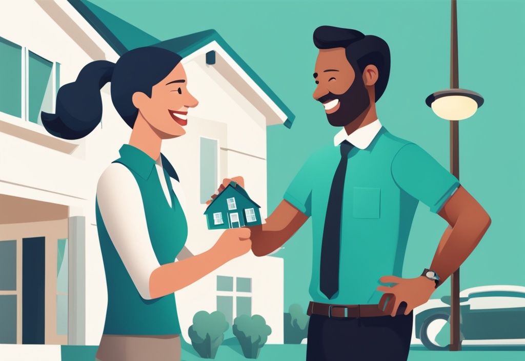 Modern photorealistic illustration of a real estate agent handing keys to a joyful buyer, symbolizing property conveyance; learn what does convey mean in real estate.