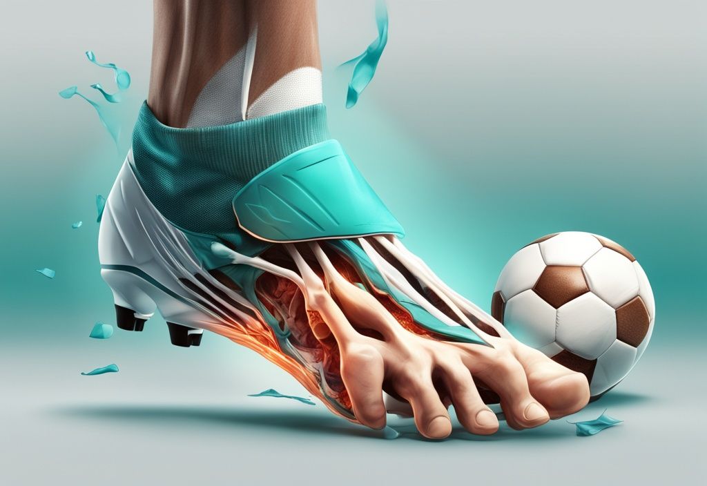 Photorealistic illustration of a soccer player's ankle mid-action, highlighting an avulsion fracture with teal color theme, showing bone chip separation.