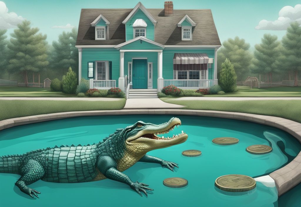 Modern photorealistic illustration of an alligator metaphorically evaluating real estate, highlighting cash flow and property value, referencing what is the Gator method in real estate, with a teal color theme.