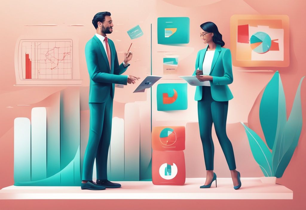 A modern photorealistic illustration of a real estate agent explaining what is creative financing in real estate to a curious couple, using colorful charts and icons, with a teal color theme.