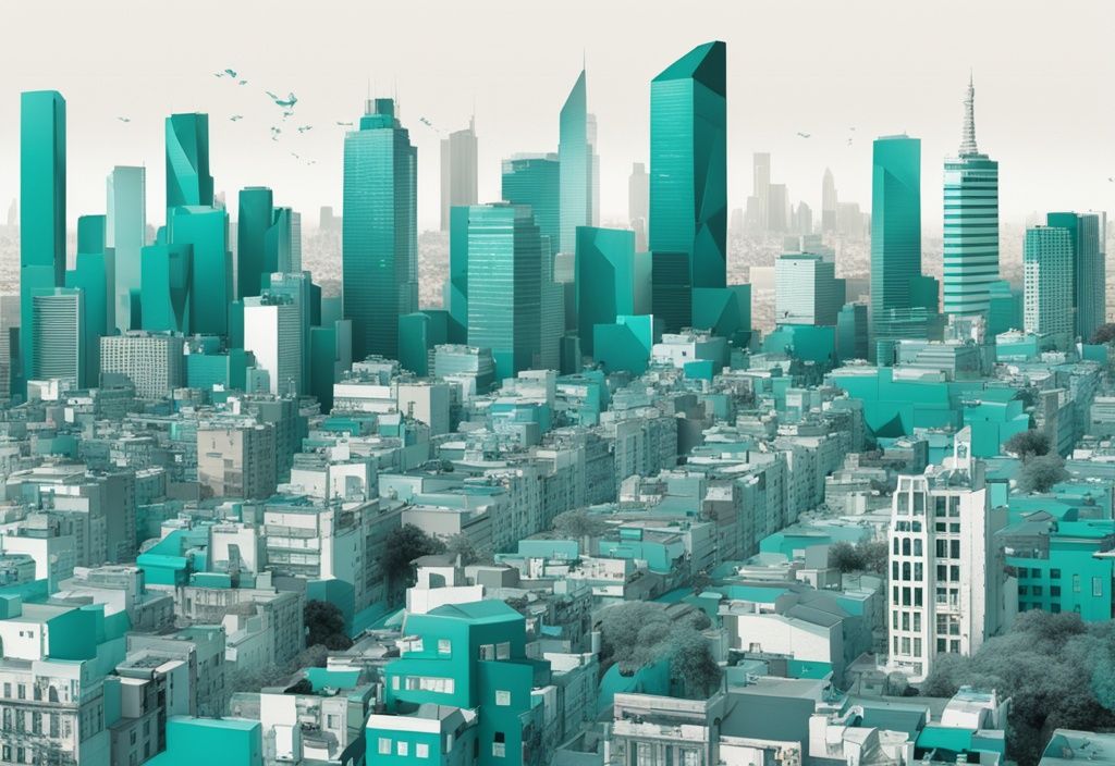 Skyline view of Buenos Aires with teal color theme, featuring real estate landmarks and graphic elements for price analysis data.