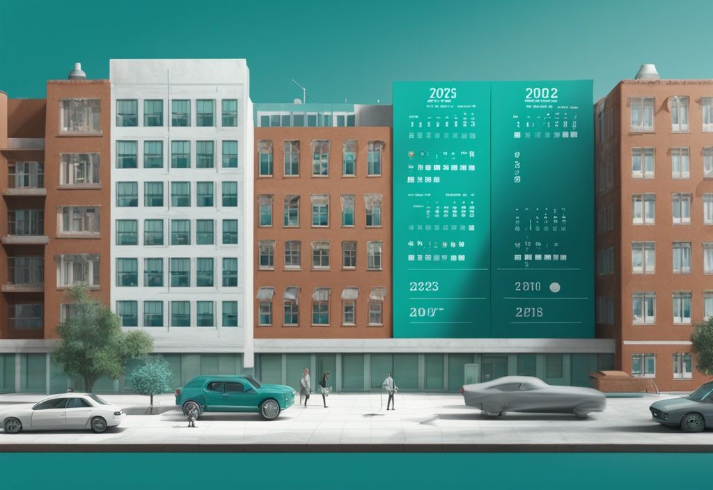 Modern photorealistic illustration of 2025 calendar with law symbols, teal-themed, buildings in background.