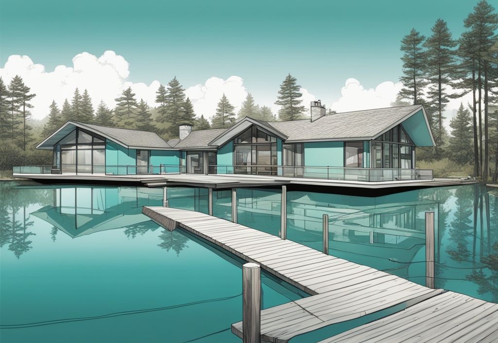 Photorealistic illustration of a serene lakeside property with teal color theme, highlighting property lines and the concept of littoral rights in real estate.