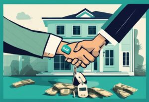 A photorealistic illustration of a real estate agent and client shaking hands in front of a sold home, with cash and house keys on the table, symbolizing real estate leads pay at closing.