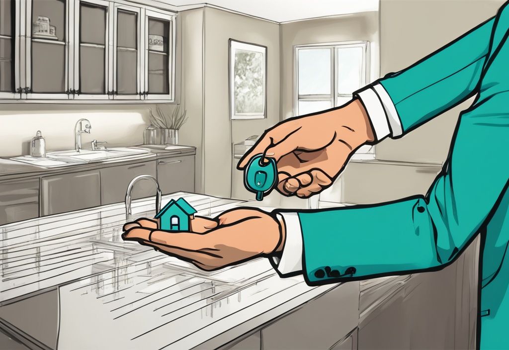 Modern photorealistic illustration of a property manager handing keys to a new owner, teal color theme, real estate asset disposal.