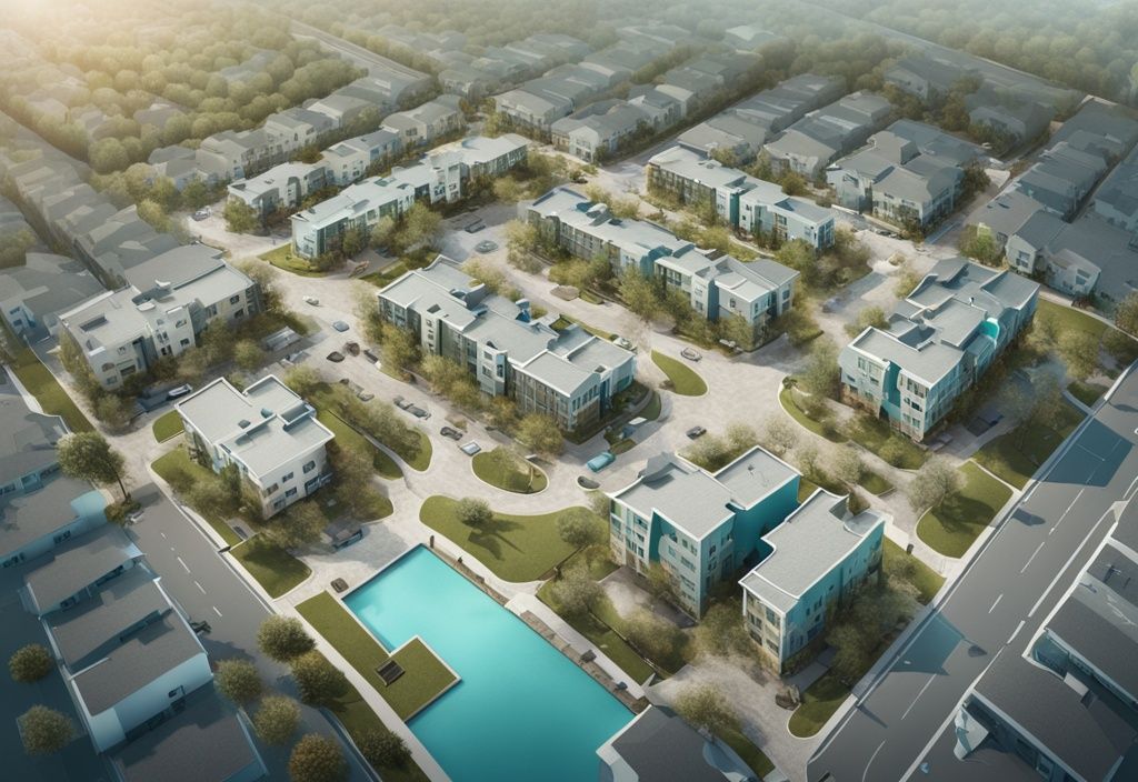 Bird's eye view of a modern residential area with teal theme, showcasing lot numbers, roads, parks, and facilities.