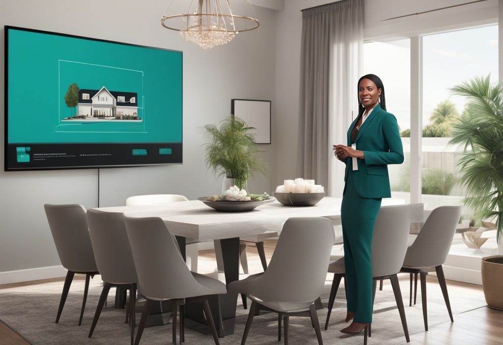 Modern real estate agent using digital presentation to demonstrate luxurious property to multicultural group, illustrating how to attract international real estate buyers with a teal color theme.