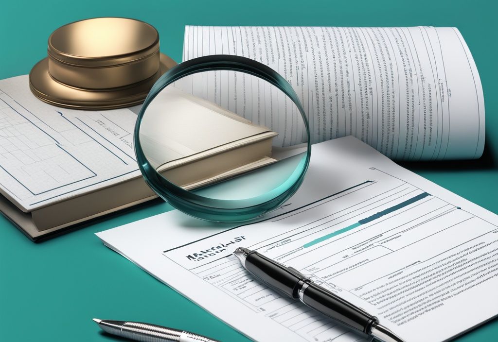 Modern photorealistic illustration of teal-themed real estate documents with highlighted sections, alongside a notepad showing 'material fact' definition under a magnifying glass.