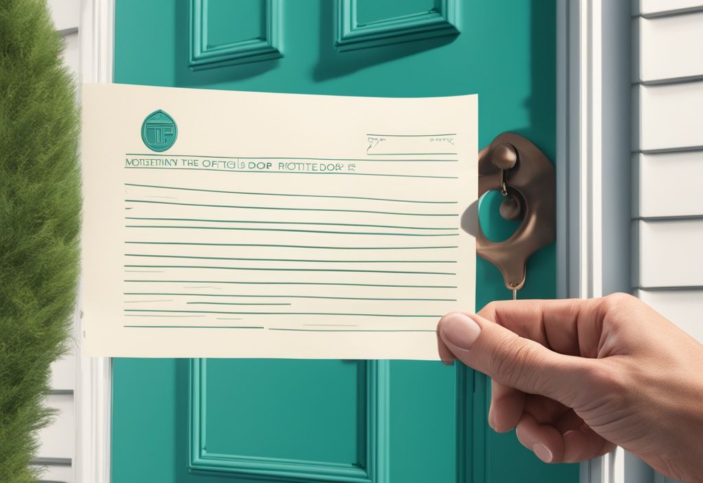 Modern photorealistic illustration of a hand placing a "Constructive Notice" document on a residential front door, highlighting what is constructive notice in real estate with a teal color theme.