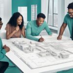 Diverse young professionals discussing a blueprint in a modern teal-themed setting, illustrating the concept of "at what age can you start real estate" in a photorealistic style.