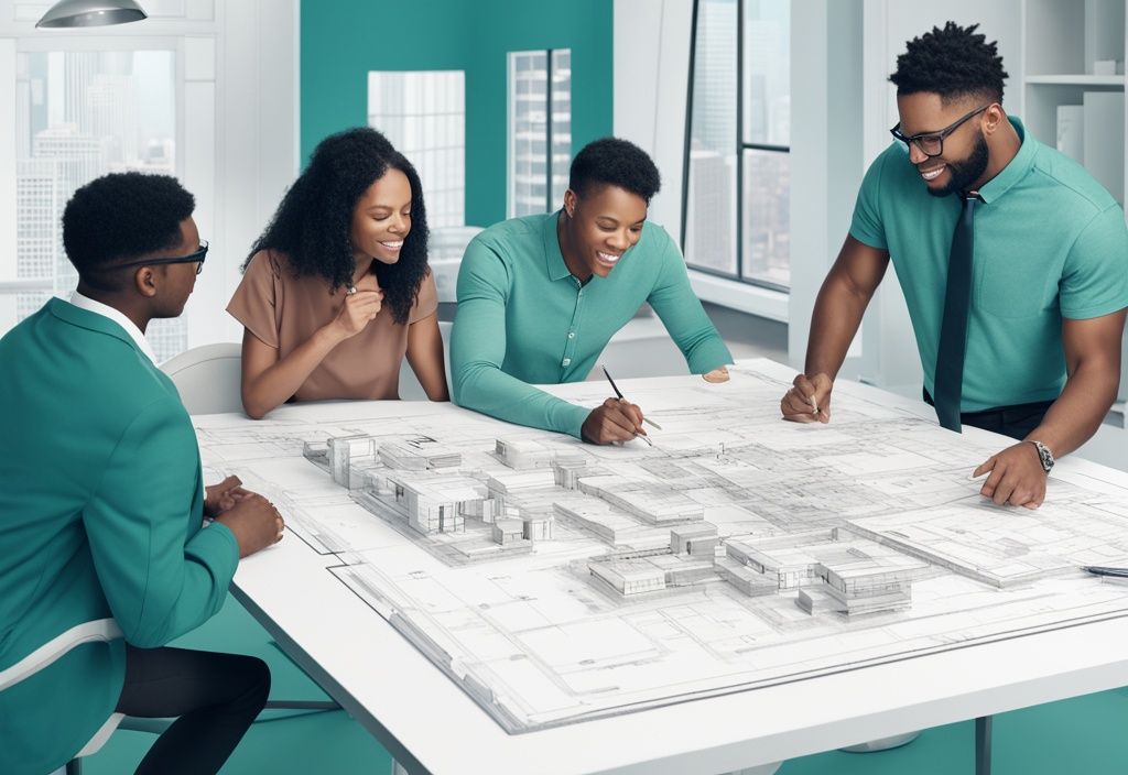 Diverse young professionals discussing a blueprint in a modern teal-themed setting, illustrating the concept of "at what age can you start real estate" in a photorealistic style.