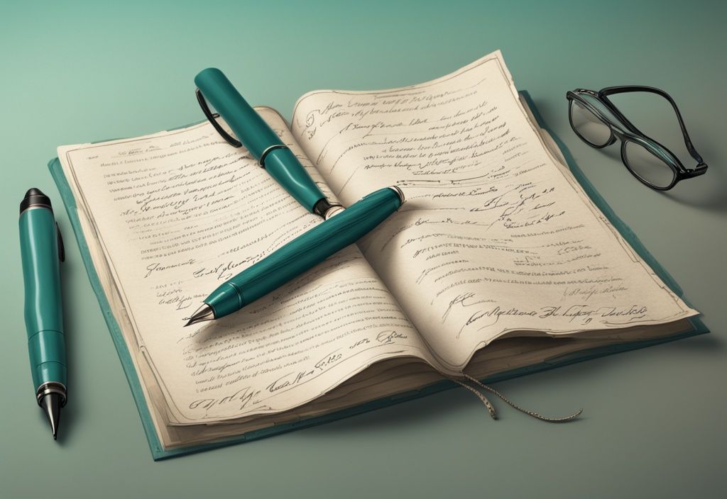 Photorealistic illustration of a vintage document with handwritten grandfather clause text in real estate, featuring an antique ink pen and reading glasses on a teal-themed background.