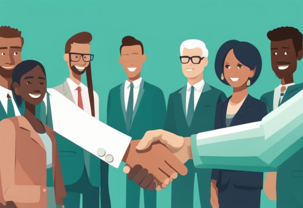 Photorealistic illustration of a real estate agent shaking hands with diverse international buyers, teal color theme.