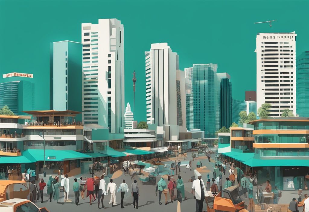 Modern photorealistic illustration of Nairobi skyline in teal, featuring construction projects and business activities like house marketing, deal handshakes, and real estate planning.