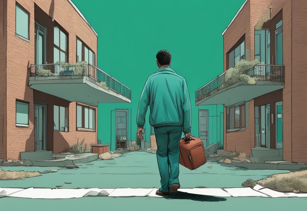 Photorealistic illustration of a tenant leaving a rundown apartment complex with a suitcase, expressing frustration, while a negligent landlord stands behind; teal color theme.