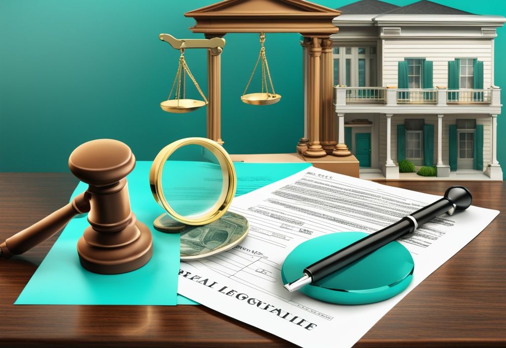 Illustration depicting the question "is wholesaling real estate legal" with a teal-themed collage of a magnifying glass over a contract, a handshake, a house, and scales of justice.