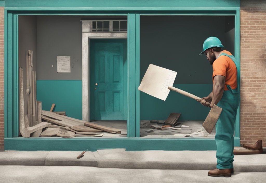 Photorealistic illustration of a distressed tenant holding an eviction notice and a hammer, symbolizing constructive eviction in real estate, with a teal color theme.