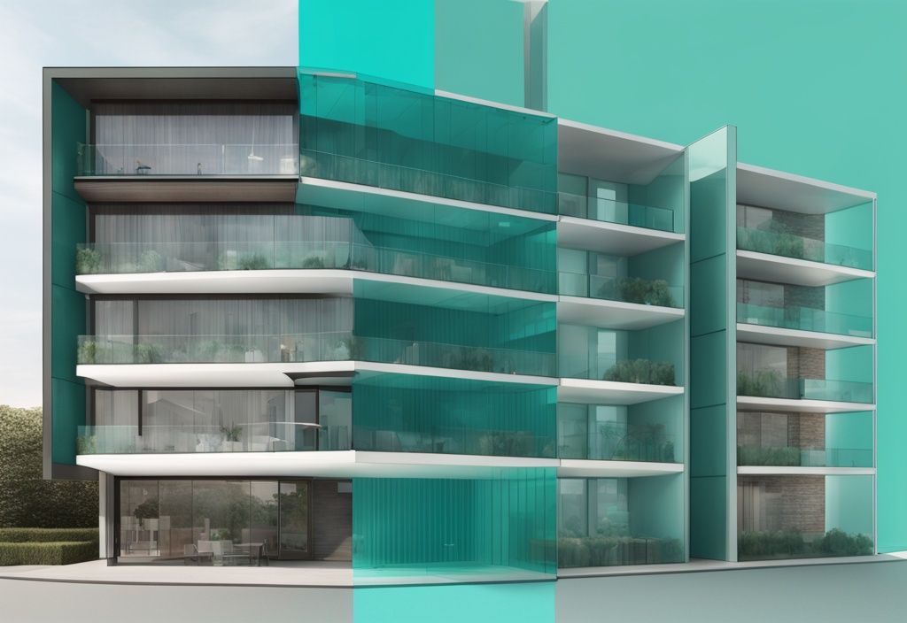 Modern photorealistic illustration of a residential building split to show a shared party wall, with one half transparent, highlighting "what is a party wall in real estate" in a teal color theme.