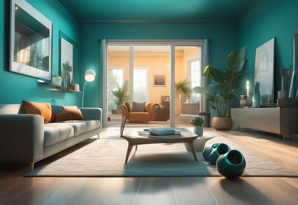 Modern photorealistic illustration featuring a professional-grade camera with the best lens for real estate photography, capturing a spacious, beautifully lit interior reflected in its lens, with a teal color theme.