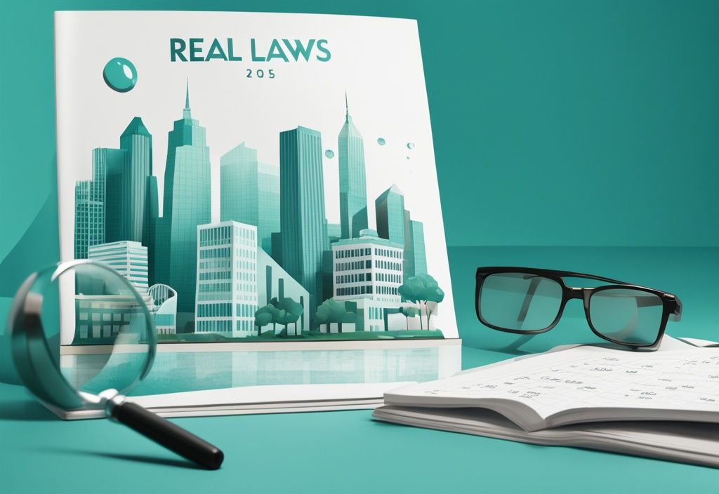 Modern photorealistic illustration in teal theme featuring a 2025 calendar with houses and skyscrapers, magnifying glass highlighting "real estate laws," emphasizing upcoming real estate laws in 2025.